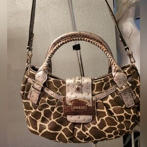 GUESS Giraffe Print Shoulder Bag with Brown Accents